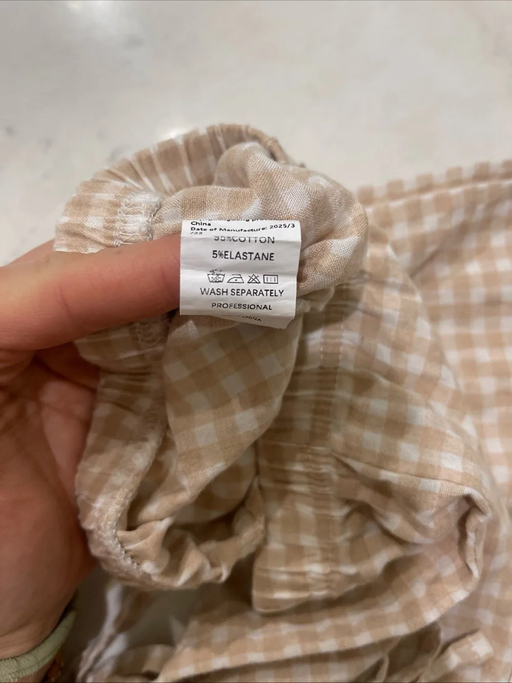 Girls Beige Gingham Set - Smocked Top & Wide-Leg Pants